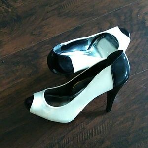 Ladies peep toe black and white spectator shoes